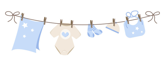 Baby clothes on clothesline. Flat vector illustration.
