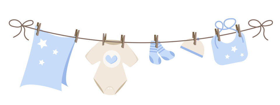 Baby clothes on clothesline. Flat vector illustration.