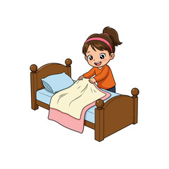 Girl Cartoon Character Making Bed with Pink Blanket and Blue Pillow