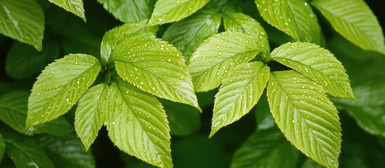 Fototapeta na wymiar Fresh green leaves glistening with rain droplets showcasing nature's beauty and vibrant colors after a refreshing shower.