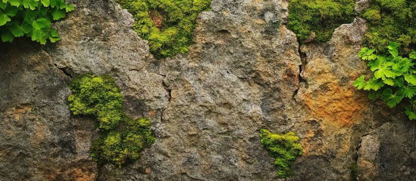 Ancient stone wall texture with cracks and vibrant green moss highlighting nature's reclamation over time.