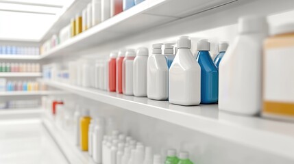 Store shelves filled with assorted detergent bottles showcasing large empty spaces for marketing text and promotional content.