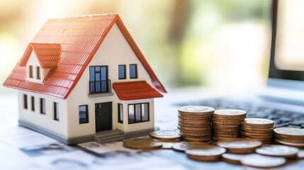 Investing in Real Estate: Model House and Coins on Financial Documents
