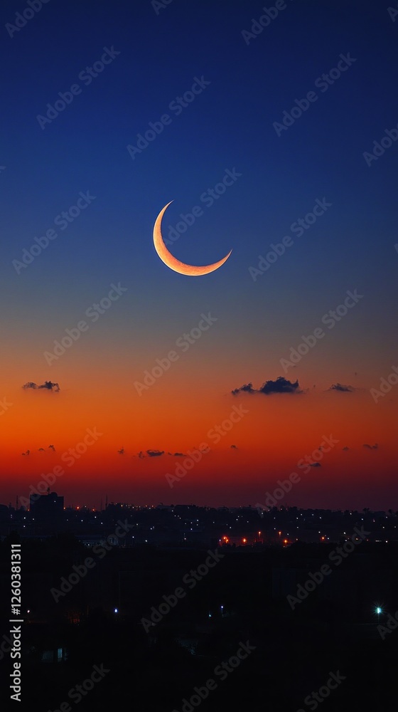 Aufkleber golden hues fade into a serene twilight as a delicate crescent moon rises in the sky. the tranquil b