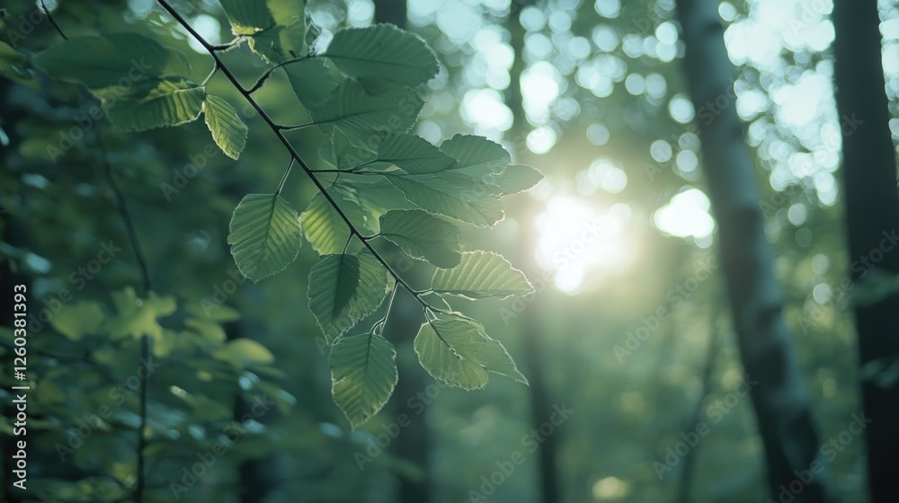 Wall mural sunlight filtering through green leaves in summer forest blurred background with empty copyspace for