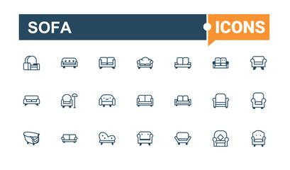 Sofa icon collection. Contains such icons as dining, home, computer, kitchen, drawer and more. Simple line vector. Solid line editable stroke.