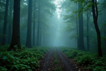 Obraz premium A lonely forest pathway shrouded in thick fog, woodlands, nature, dense foliage