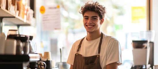 Teenage boy enjoying summer job at cafe with a humorous smile and empty space for text in a vibrant, casual setting