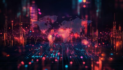 Fototapeta premium Hightech global finance law concept with scales of justice superimposed on a world map, filled with stock market symbols, digital grid, and glowing financial data points