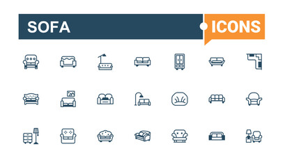 Sofa icon collection. Contains such icons as dining, home, computer, kitchen, drawer and more. Simple line vector. Solid line editable stroke.