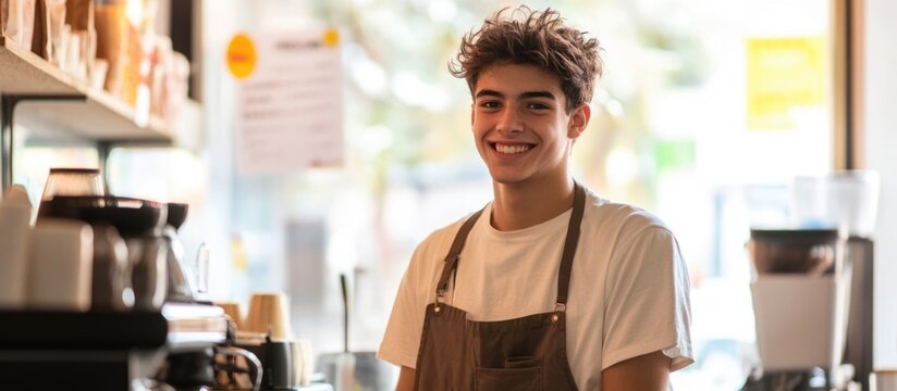 Teenage boy enjoying summer job at cafe with a humorous smile and empty space for text in a vibrant, casual setting