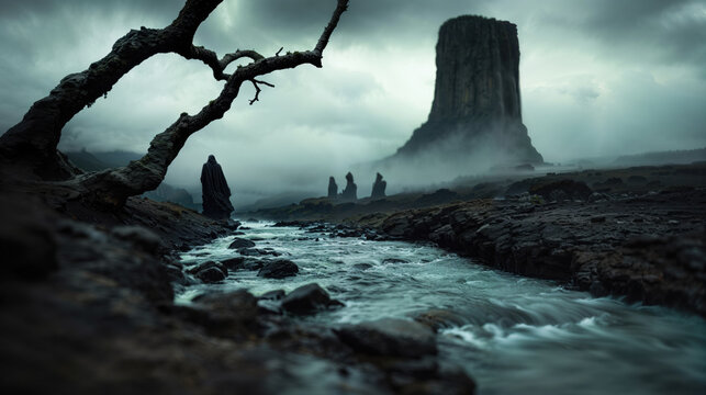 Mysterious Hooded Figure in a Fog-Shrouded Landscape