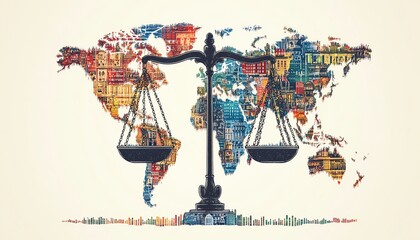 Illustration of scales of justice over a world map with stock market symbols