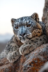 Fototapeta premium Majestic Snow Leopard Resting on Rocky Mountain