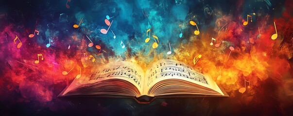 Lively and colorful depiction of a diverse choir singing in harmony, music books open, radiant musical notes floating, cheerful atmosphere, highdefinition detail, artistic flair