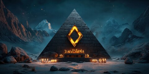 Mystical altar inside pyramid fantasy realm concept art dark environment low angle view intriguing design