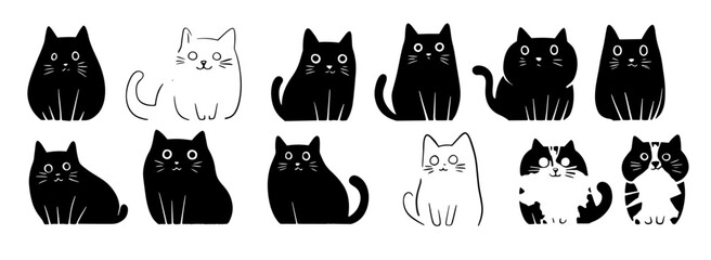 Obraz premium Linocut style cat kitten vector set, black on transparent background, cute cats, logo set, cartoon cats.