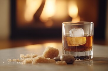 Whiskey Drink with Ice Cubes, Brown Sugar, and Stones by Fireplace: Relaxing Evening Ambiance