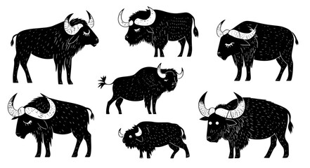 Linocut style buffalo character icon set, vector, black and white, transparent background, cartoon buffalo, illustration.