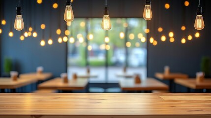 Empty Rustic Cafe Interior with Wooden Tables Warm Edison String Lights and Large Window