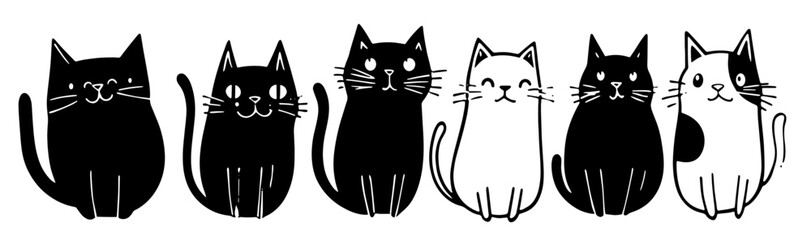 Linocut style cat kitten vector set, black on transparent background, cute cats, logo set, cartoon cats.