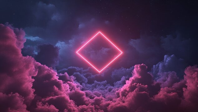 Neon Square Glows in Night Sky Above Cloudscape:  Digital Art, Abstract, Pink, Purple, Night,  Fantasy, Dreamlike, Atmospheric,  Glowing,  Clouds,  Stars