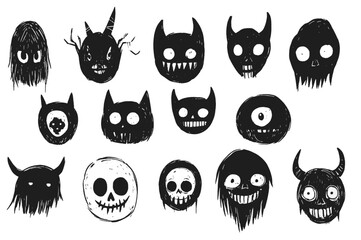 Linocut tribal creepy monster vector set, black and white, cartoon set of monsters masks