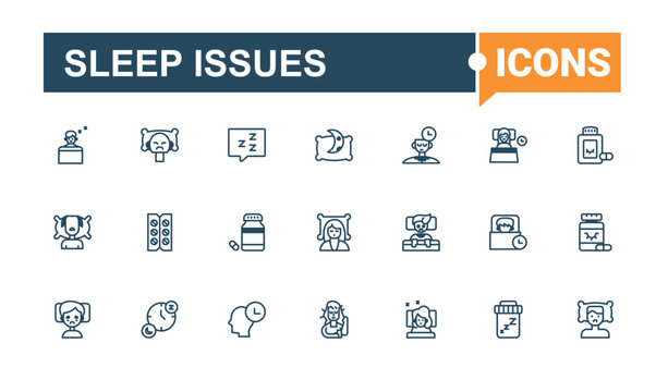 Sleep Issues collection. Includes icons for bullying, bedding, behaviour, dream, deprivation, man, trouble and more. Isolated icon. Solid line editable stroke. Vector line and solid icons.