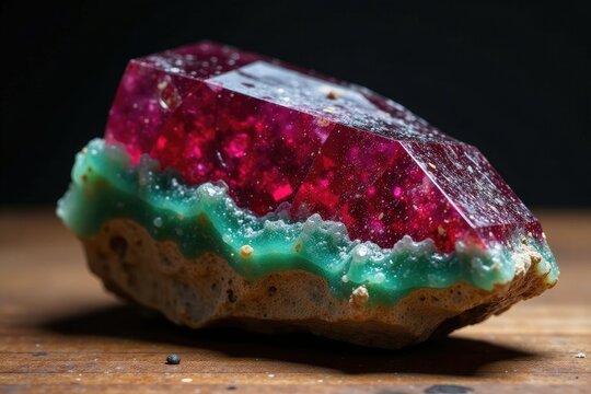 Deep red tourmaline specimen with green schistose inclusions, geode, rocks
