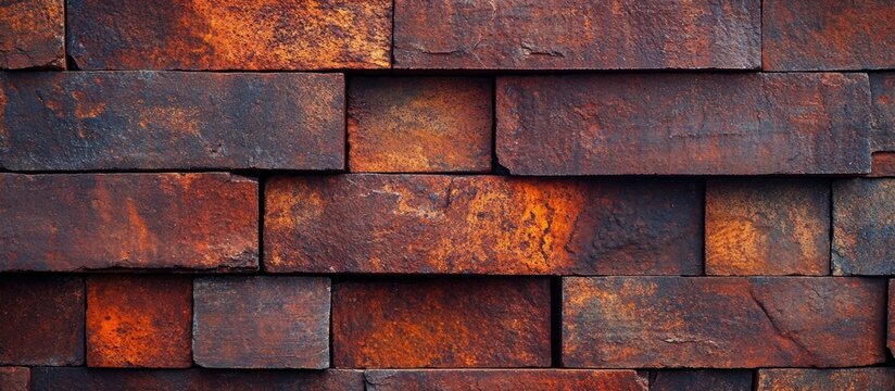 Antique laterite stone wall texture with deep red and brown hues showcasing primitive building craftsmanship and historical artistry.