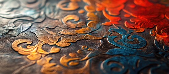 Ornate metal texture with colorful embossed patterns showcasing intricate design and craftsmanship on a steel surface.