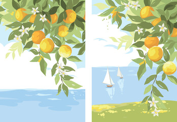 Background with orange branches and sea. Hand drawn vector illustration in watercolor style, poster or postcard with citrus and Mediterranean landscape.