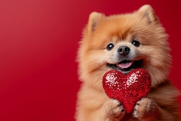 Promotion concept art. Chow - my preferred dog. Cute chow pup with sparkling rhinestones red heart - sign of love, funny greeting card. Valentine's romantic pet ideas. Pet love ideas.