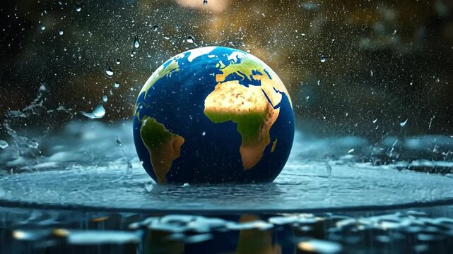Global Deluge: Earth immersed in torrential downpour, a stark visualization of environmental challenges, emphasizing the fragility of our planet and the urgent need for conservation