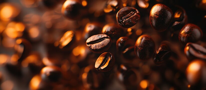 Richly textured coffee beans background with soft focus highlighting the warmth and depth of roasted coffee for culinary and branding use.