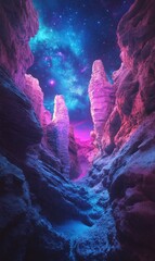 Otherworldly canyon beneath a shimmering celestial canopy of pinks blues and purples vista