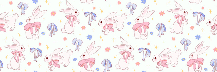 Seamless pattern with hand drawn bunnies wearing pink bows, pastel flowers and ribbons on a light background. Crayon texture. Cute background in coquette style, wallpaper for spring, Easter designs.