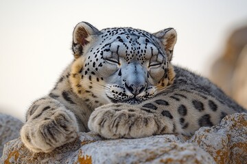 Fototapeta premium Snow Leopard Sleeping Peacefully On Rocks