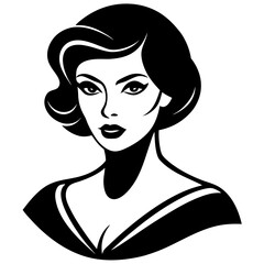 A stylized, black and white silhouette portrait of a beautiful woman in 1920s fashion., Elegant 1920s woman silhouette portrait. black silhouette vector, Simple silhouette Design vector icon,