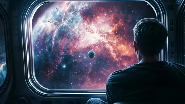 Observing the cosmic beauty in slow motion from a spacecraft window during a journey through the universe. 