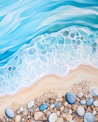 Fototapeta premium Serene waves gently lap at the sandy shore.