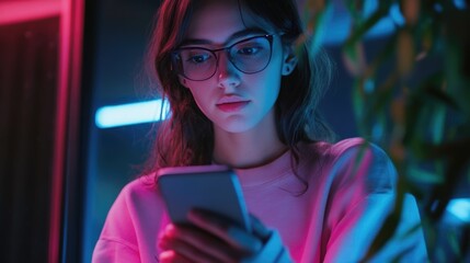 Teenager using smartphone in dimly lit room highlighting cybersecurity concerns with copyspace for text and social media elements