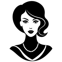 A stylized, black and white silhouette portrait of a beautiful woman in 1920s fashion., Elegant 1920s woman silhouette portrait. black silhouette vector, Simple silhouette Design vector icon,
