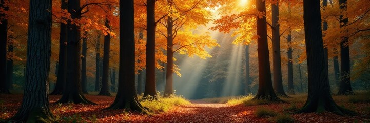 Obraz premium Dense forest with tall trees in the background, trees, autumn