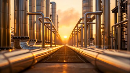 Industrial Pipeline System at Sunset with Golden Sky and Reflective Metal Surfaces