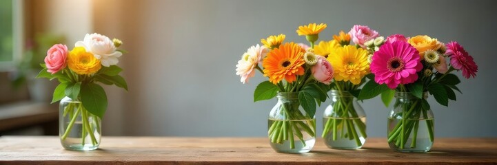 Fototapeta premium Freshly cut flowers in glass vases on a wooden table, table, floral, fresh