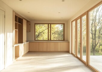 Fototapeta premium Sunlight Streams into Modern Minimalist Room with Oak Cabinets and Large Windows, Showcasing Natural Light and Open Space Design.