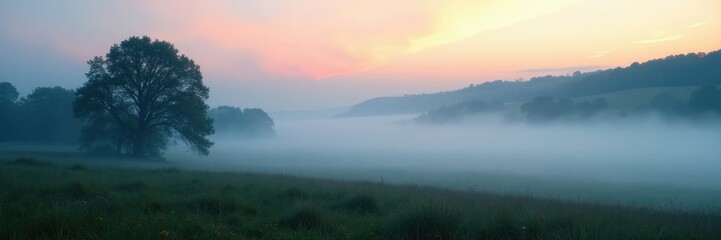 Fototapeta premium Misty fog envelops a serene landscape at dawn, mist, subtle atmosphere, nature