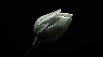 Close-up of a single flower bud. the bud is in the center of the image, with its petals slightly curled and slightly open. the petals are a pale green color, and the center is a darker shade of green.