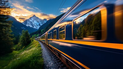 A scenic view of a train traveling through lush green landscapes and majestic mountains, illuminated by a vibrant sunset, offering a serene and captivating travel experience.